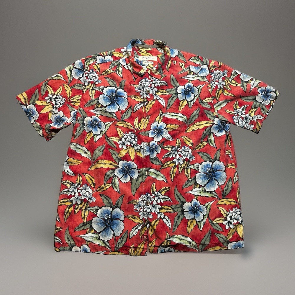 Tommy Bahama Shirt XL Men Red Blue Silk Floral Hibiscus Hawaiian Camp Button Up